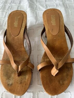 Bongo Y2K Nude Leather Thong Strappy Wood Platform Sandals Womens Boho Sz 9